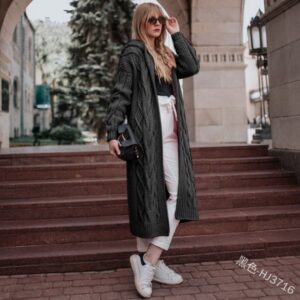 New Style Solid Color Hooded Long Loose Cardigan
